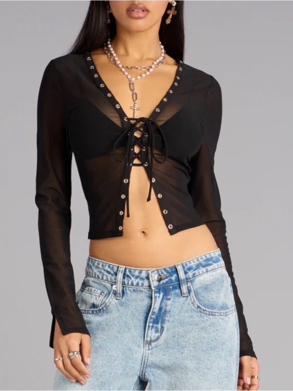 Windsor Black Sheer Lace-Up Front Crop Top
